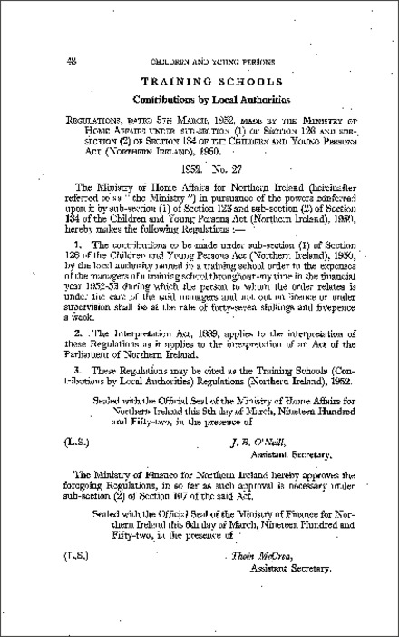 The Contributions by Local Authorities Regulations (Northern Ireland) 1952