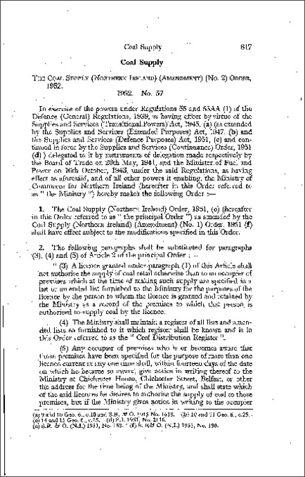 The Coal Supply (Northern Ireland) (Amendment) (No. 2) Order (Northern Ireland) 1952