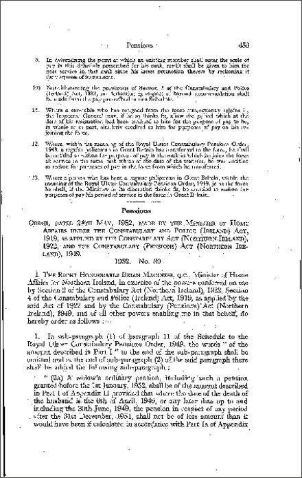 The Royal Ulster Constabulary Pensions (Amendment) Order (Northern Ireland) 1952
