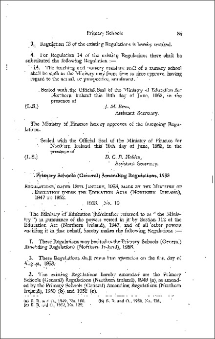 The Primary Schools (General) Amendment Regulations (Northern Ireland) 1953