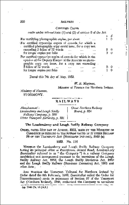 The Transport Act (Abandonment of Railway, County Londonderry) Order (Northern Ireland) 1953