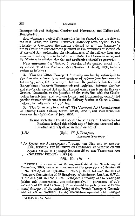 The Transport Act (Abandonment of Railway Lines, Counties Antrim and Londonderry) Order (Northern Ireland) 1953
