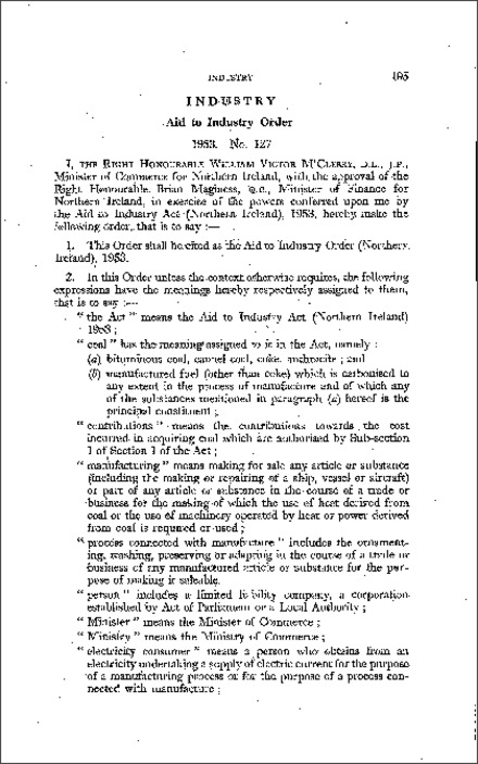 The Aid to Industry Order (Northern Ireland) 1953