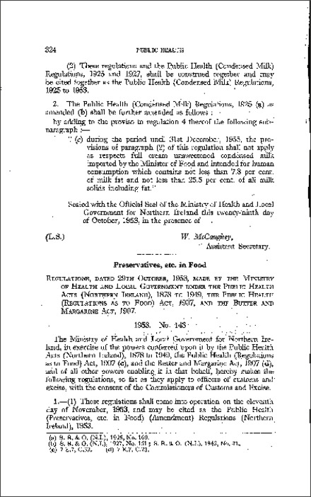 The Public Health (Preservations, etc. in Food) (Amendment) Regulations (Northern Ireland) 1953