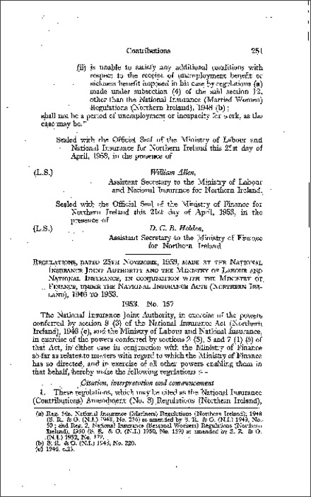 The National Insurance (Contributions) Amendment (No. 3) Regulations (Northern Ireland) 1953