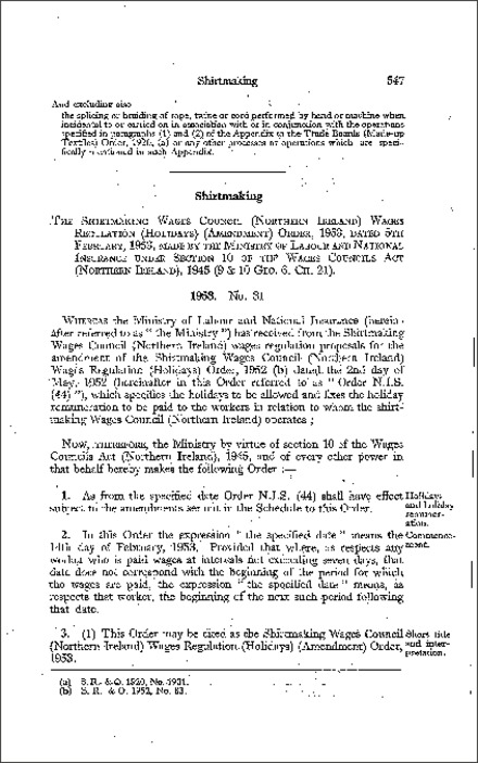 The Shirtmaking Wages Council (Northern Ireland) Wages Regulation (Holidays) (Amendment) Order (Northern Ireland) 1953