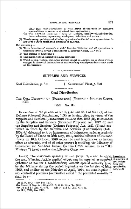 The Coal Distribution (Restriction) Order (Northern Ireland) 1953