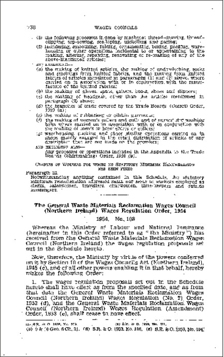 The General Waste Materials Reclamation Wages Council (Northern Ireland) Wages Regulations Order (Northern Ireland) 1954