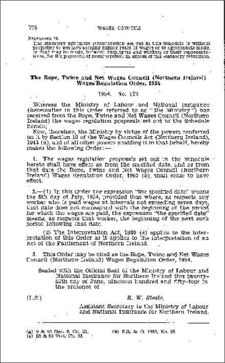 The Rope, Twine and Net Wages Council (Northern Ireland) Wages Regulations Order (Northern Ireland) 1954