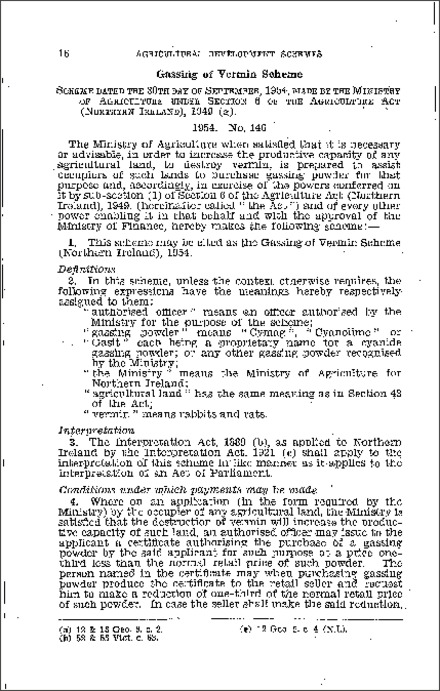 The Gassing of Vermin Scheme (Northern Ireland) 1954