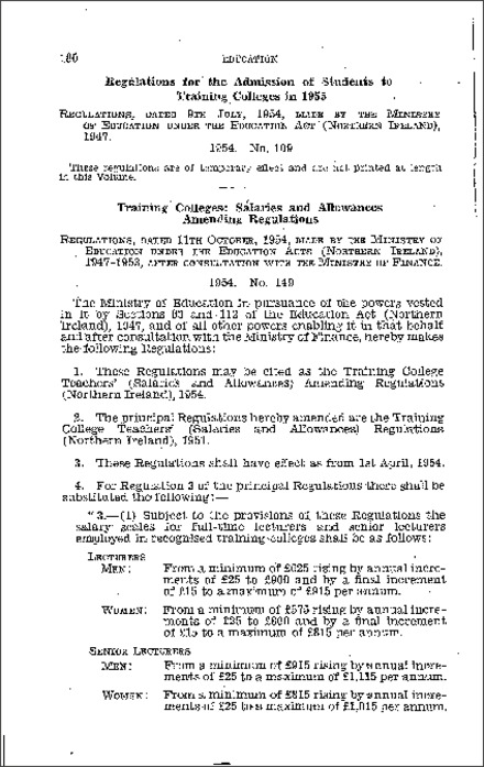 The Training College Teachers (Salaries and Allowances) (Amendment) Regulations (Northern Ireland) 1954