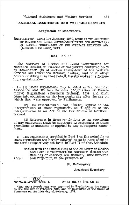 The National Assistance and Welfare Services (Adaptation of Enactments) Regulations (Northern Ireland) 1954