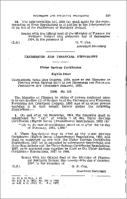 The Ulster Savings Certificates (Eighth Issue) (Amendment) Regulations (Northern Ireland) 1954