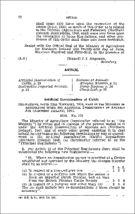 The Artificial Insemination (Cattle) Regulations (Northern Ireland) 1954