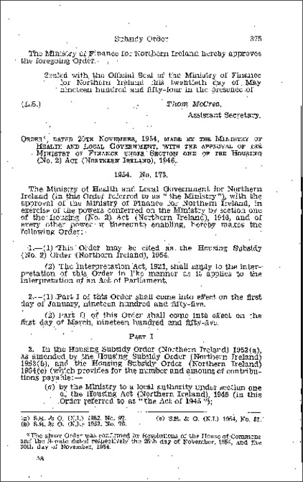 The Housing Subsidy (No. 2) Order (Northern Ireland) 1954