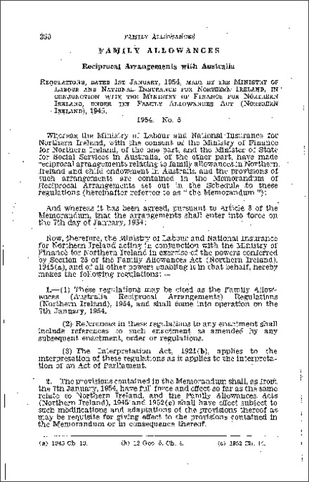 The Family Allowances (Australia Reciprocal Arrangements) Regulations (Northern Ireland) 1954