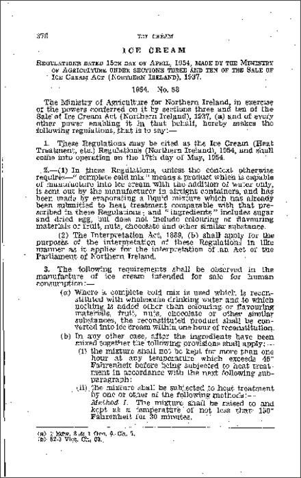 The Ice Cream (Heat Treatment etc.) Regulations (Northern Ireland) 1954