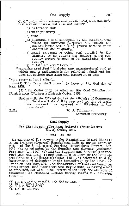 The Coal Supply (Northern Ireland) (Amendment) (No. 3) Order (Northern Ireland) 1954