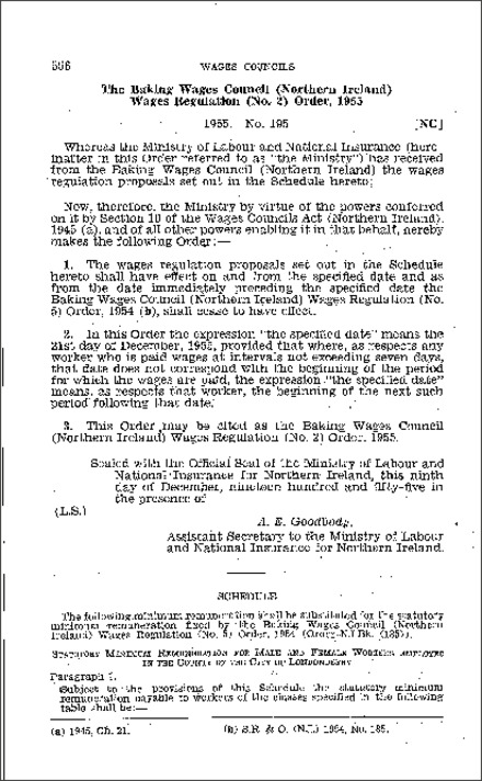The Baking Wages Council (Northern Ireland) Wages Regulations (No. 2) Order (Northern Ireland) 1955
