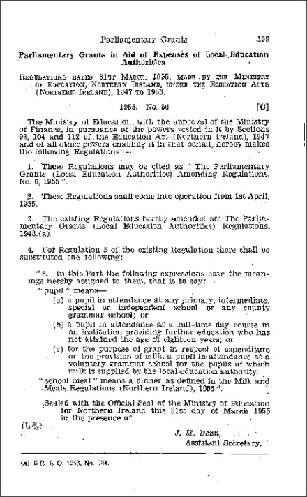 The Parliamentary Grants (Local Education Authorities) Amendment Regulations (Northern Ireland) 1955