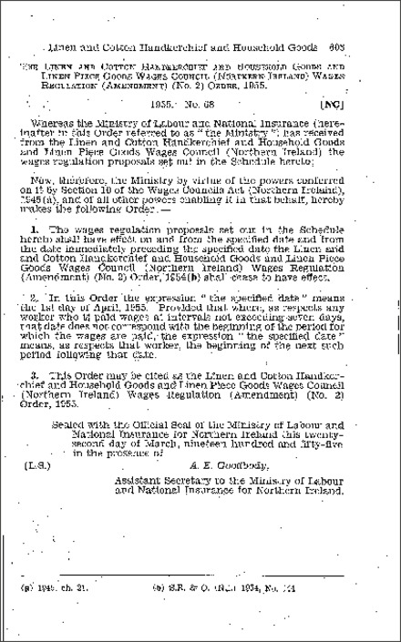 The Linen and Cotton Handkerchief and Household Goods and Linen Piece Goods Wages Council (Northern Ireland) Wages Regulations (Amendment) (No. 2) Order (Northern Ireland) 1955