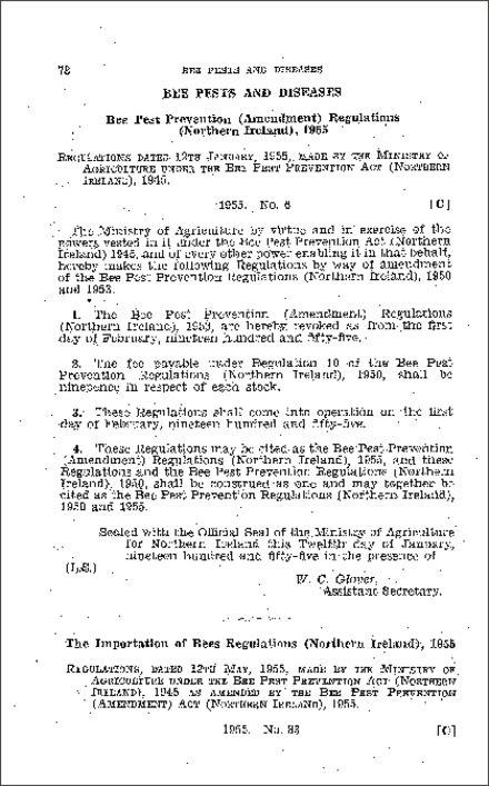 The Importation of Bees Regulations (Northern Ireland) 1955