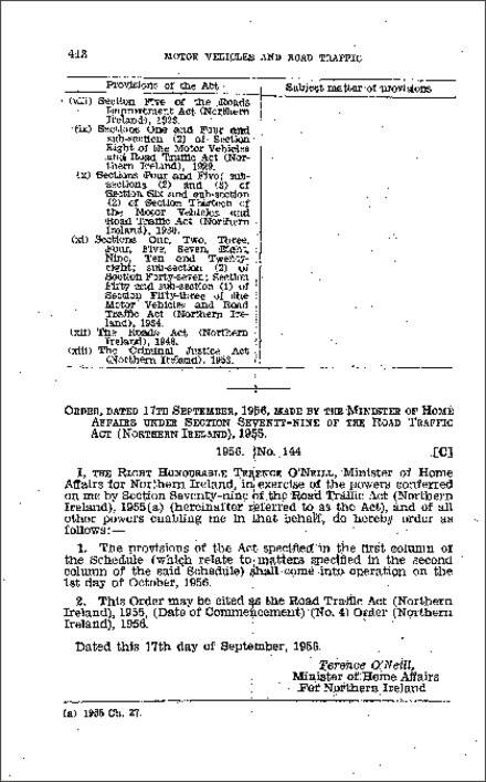 The Road Traffic Act (Northern Ireland) 1955 (Date of Commencement) (No. 4) Order (Northern Ireland) 1956