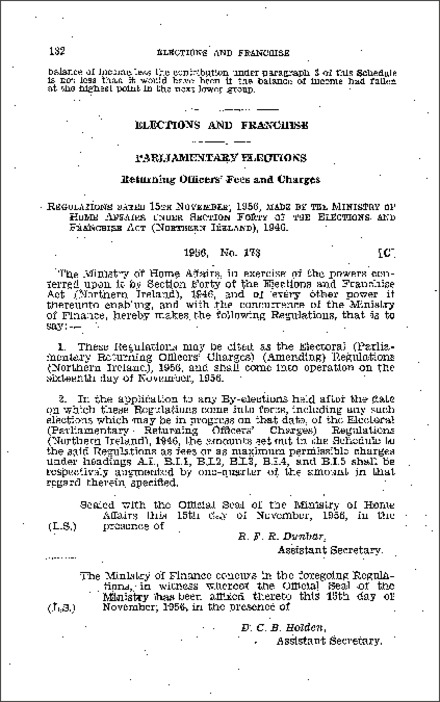 The Electoral (Parliamentary Returning Officers' Charges) (Amendment) Regulations (Northern Ireland) 1956