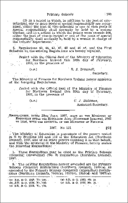 The Primary Schools (General) (Amendment) (No. 2) Regulations (Northern Ireland) 1957