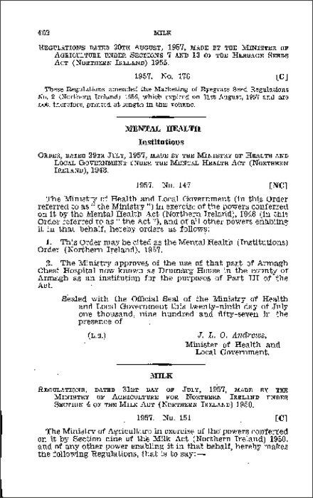 The Milk (Amendment) Regulations (Northern Ireland) 1957