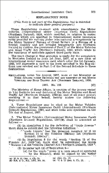 The Motor Vehicles (International Motor Insurance Card) (Amendment) Regulations (Northern Ireland) 1957