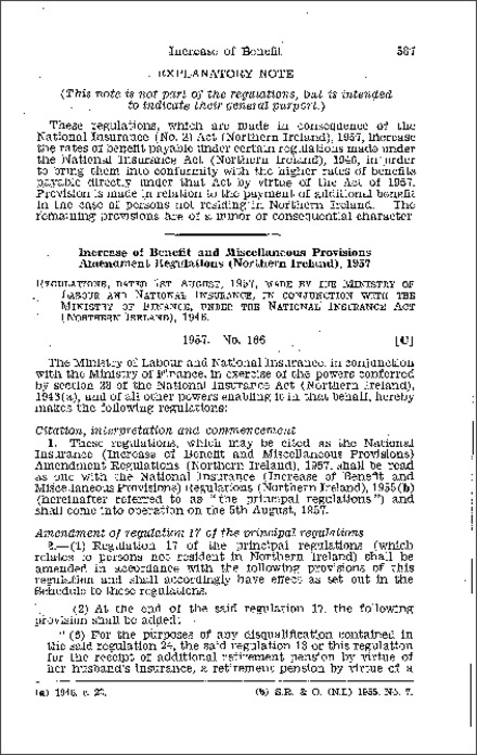 The National Insurance (Increase of Benefit and Miscellaneous Provisions) Amendment Regulations (Northern Ireland) 1957