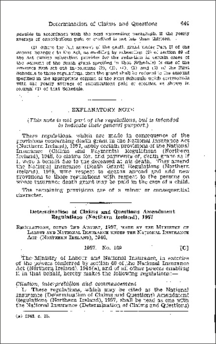 The National Insurance (Determination of Claims and Questions) Amendment Regulations (Northern Ireland) 1957