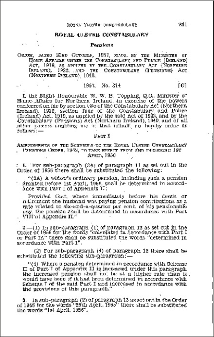 The Royal Ulster Constabulary Pensions (Amendment) Order (Northern Ireland) 1957