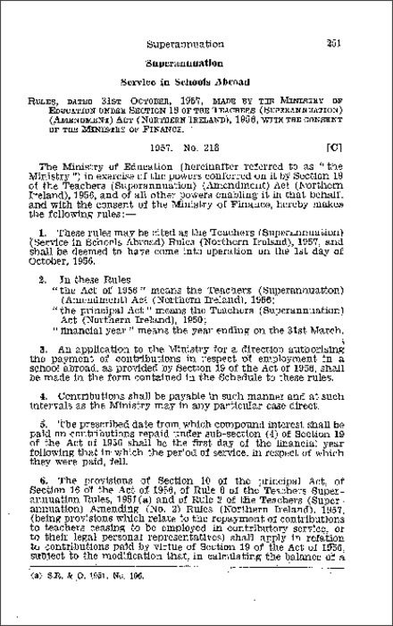 The Teachers (Superannuation) (Service in Schools Abroad) Rules (Northern Ireland) 1957