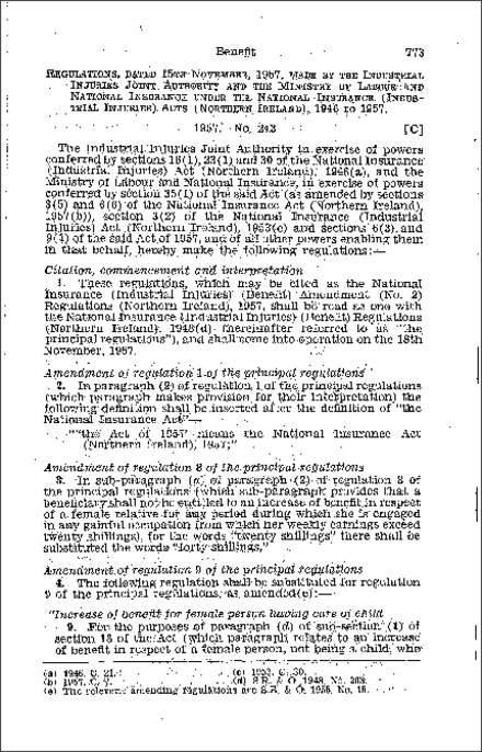 The National Insurance (Industrial Injuries) (Benefit) Amendment (No. 2) Regulations (Northern Ireland) 1957