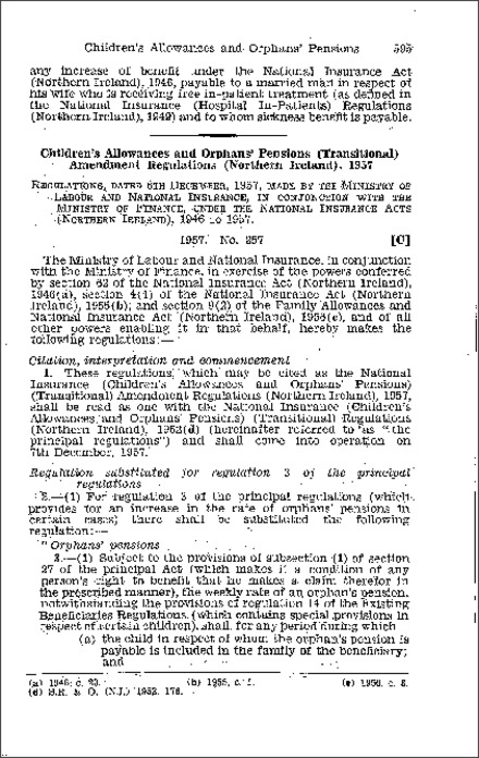 The National Insurance (Children's Allowances and Orphans' Pensions) Transitional Amendment Regulations (Northern Ireland) 1957