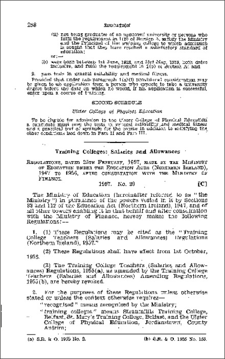 The Training College Teachers (Salaries and Allowances) Regulations (Northern Ireland) 1957