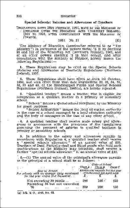 The Special Schools (Salaries and Allowances of Teachers) Regulations (Northern Ireland) 1957
