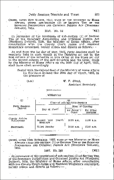 The Summary Jurisdiction: Petty Sessions Districts and Times Order (Northern Ireland) 1957