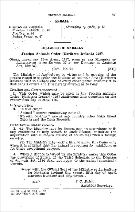 The Foreign Animals Order (Northern Ireland) 1957