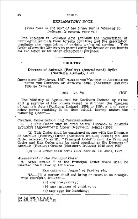 The Diseases of Animals (Poultry) (Amendment) Order (Northern Ireland) 1957