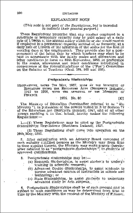 The Postgraduate Studentships Regulations (Northern Ireland) 1957
