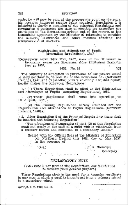 The Registration and Attendance of Pupils (Amendment Regulations) (Northern Ireland) 1957