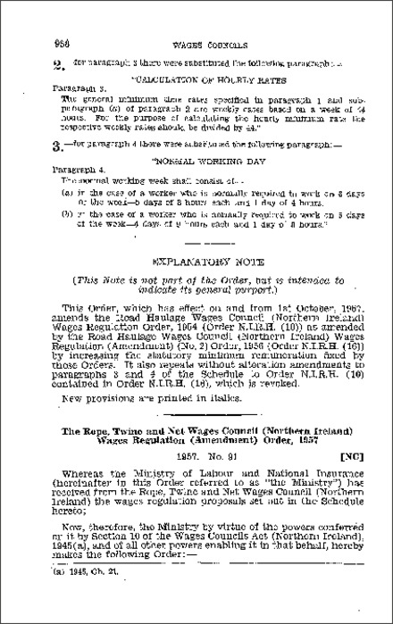 The Rope, Twine and Net Wages Council (Northern Ireland) Wages Regulations (Amendment) Order (Northern Ireland) 1957