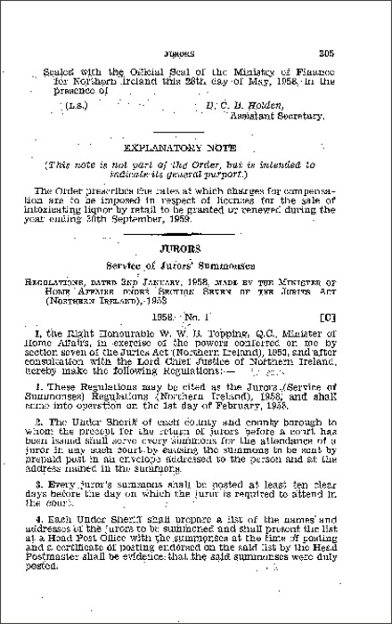 The Jurors (Service of Summonses) Regulations (Northern Ireland) 1958
