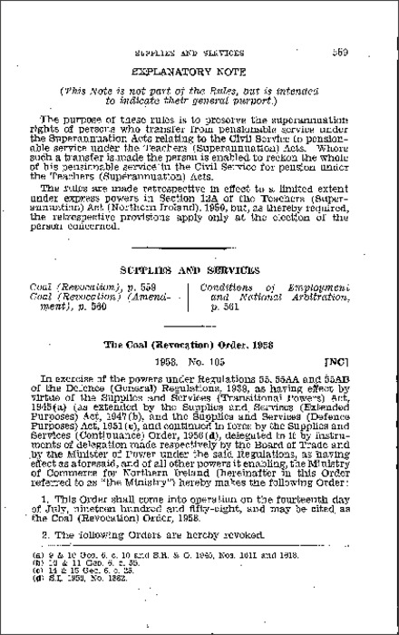 The Coal (Revocation) Order (Northern Ireland) 1958