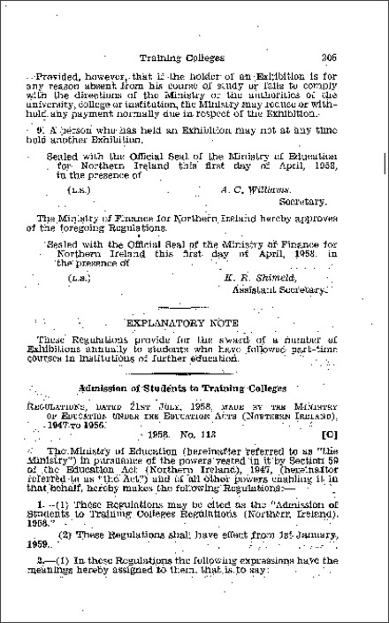 The Admission of Students to Training Colleges Regulations (Northern Ireland) 1958