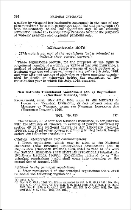 The National Insurance (New Entrants Transitional) Amendment (No. 2) Regulations (Northern Ireland) 1958