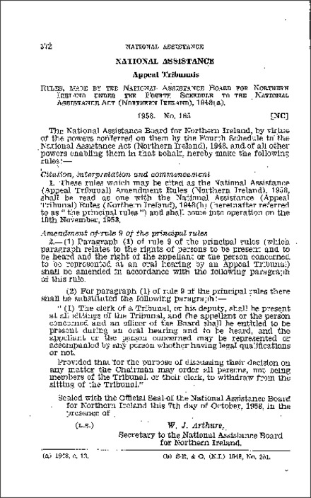 The National Assistance (Appeal Tribunal) Amendment Rules (Northern Ireland) 1958